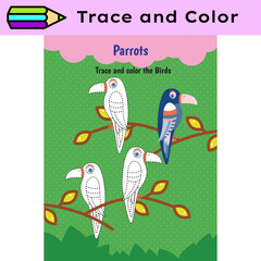 Pen tracing lines activity worksheet for children. Pencil control for kids practicing motoric skills. Parrots educational printable worksheet. Vector illustration.