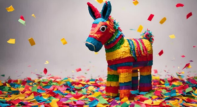 Vibrant сolorful donkey pinata surrounded by bright confetti.Cinco de Mayo.Fiesta banner and poster design.