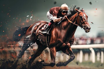 Naklejka premium Action-packed race with horse number, showcasing high-speed motion and racing thrill