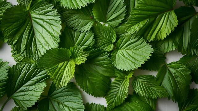 A top-down view of fresh, green strawberry leaves with prominent veins