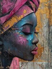 An oil painting depicting a womans face adorned with a vibrant pink turban. The intricate details highlight the curves of her features and the folds of the turban, creating a striking visual contrast