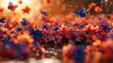 Foto auf Acrylglas Enchanted Evening with Vibrant Blue Butterflies over Lush Red Flowers - A Dreamy Nature Scene, Wallpaper, AI-Generated © FUTURESEND