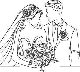 line drawing romantic wedding couple one line art love vector illustration