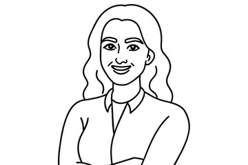 Portrait of handsome smiling young woman with folded arms, line art, vector illustration