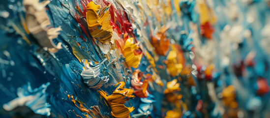 Abstract Artistic Flow of Blue and Yellow Paint Strokes - Dynamic Texture and Color Movement,...