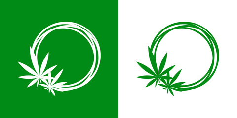 Logo con marco circular con líneas con silueta de hoja verde de cannabis - obrazy, fototapety, plakaty
