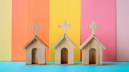 Three small  wooden houses with big cross on them, colorful backgrounds, home church community, cristain society concept