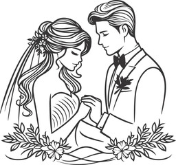 line drawing romantic wedding couple one line art love vector illustration