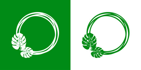 Logo con marco circular con líneas con silueta de hojas de monstera - obrazy, fototapety, plakaty