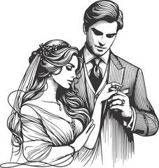 line drawing romantic wedding couple one line art love vector illustration