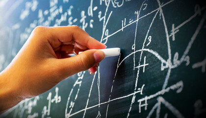 Extreme close-up of a hand holding chalk and writing a complex and sophisticated mathematical formula or equation on a blackboard. Generative Ai.