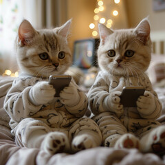 Due simpatici gattini inglesi a pelo corto che indossano il pigiama e tengono il telefono in mano, seduti sul letto a guardare la TV in una luce soffusa con colori caldi , formato quadrato