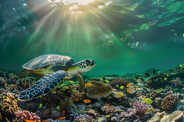 Sea turtle in the sea, marine reptile in the depths of the ocean with corals and fishes with copy...