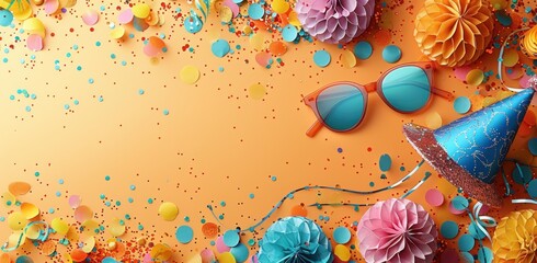 Fototapeta na wymiar A collection of party supplies including a vibrant party hat, stylish sunglasses, and colorful streamers arranged on a bright orange background. The items are festive and ready for a celebration