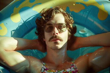 young man in an inflatable pool - 763940242