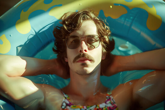 young man in an inflatable pool