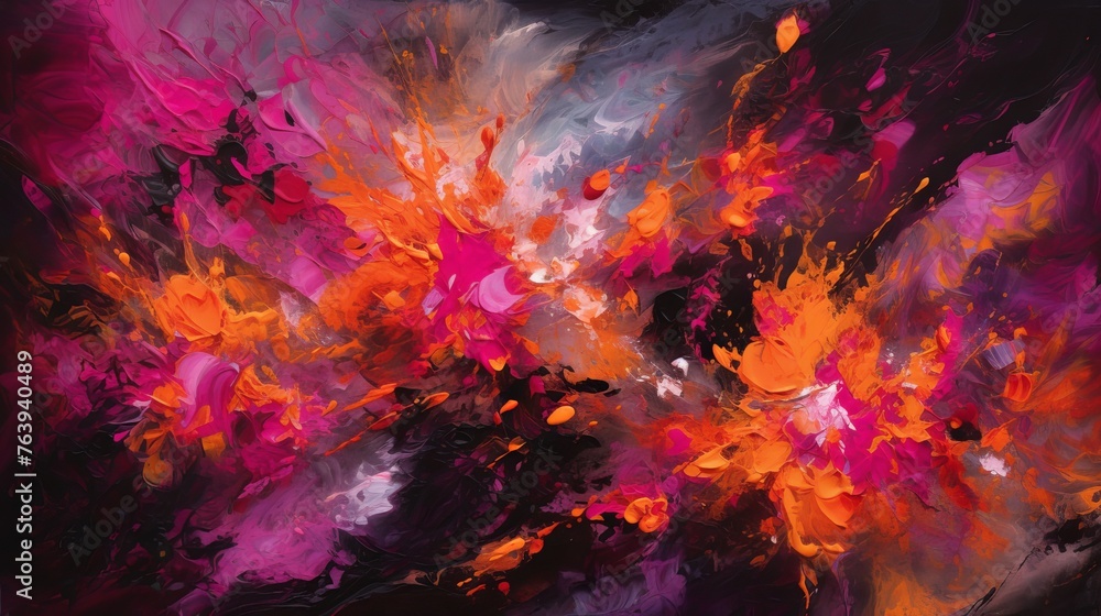 Poster an abstract artwork showcasing a vivid burst of orange and pink hues, creating a striking visual eff