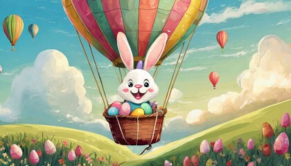An Easter bunny delivering eggs in a hot air balloon