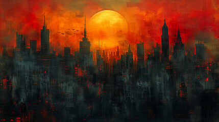 Fiery sunset over a silhouette cityscape with a large sun.