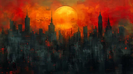 Photo sur Aluminium Orange Fiery sunset over a silhouette cityscape with a large sun.