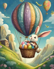 An Easter bunny delivering a basket full of colorful eggs in a hot air balloon