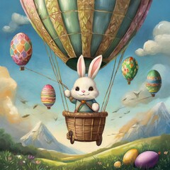 A smiling Easter bunny delivering eggs in a hot air balloon
