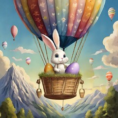 A White Easter bunny delivering eggs in a hot air balloon
