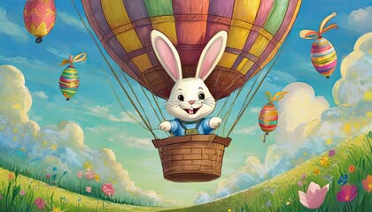 A Happy Easter bunny delivering eggs in a hot air balloon