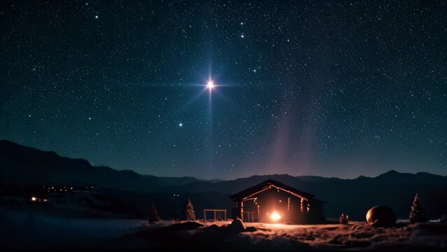 Starlit Nativity: The Manger of Christ. A celestial star shines brightly over the humble manger, heralding the birth of Jesus Christ in a poignant representation of the first Christmas.