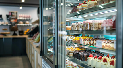 A modern bakery with various types of Desserts and cakes. A showcase with Cakes. Image for cafe menu, Banner