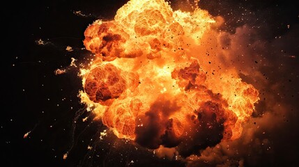 A spectacular explosion with intense flames and fiery debris against a dark background, depicting power and destruction