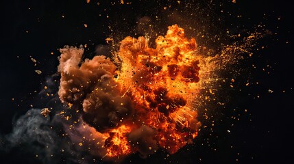 A spectacular explosion with intense flames and fiery debris against a dark background, depicting power and destruction