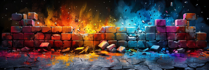  broken wall with colorful blocks on Graffiti brick wall background, banner