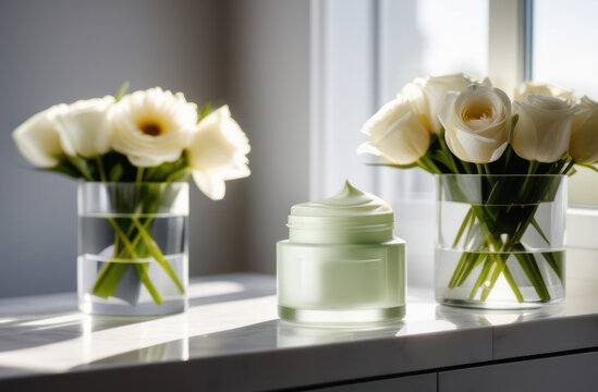 Open jar of face cream, skincare jar with cosmetic cream with white flowers in a vase on the window.
