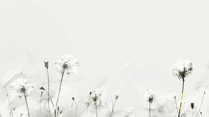 Hand Painted watercolor dandelions against a white background. Copy space. Aesthetic minimalist template. Generative AI