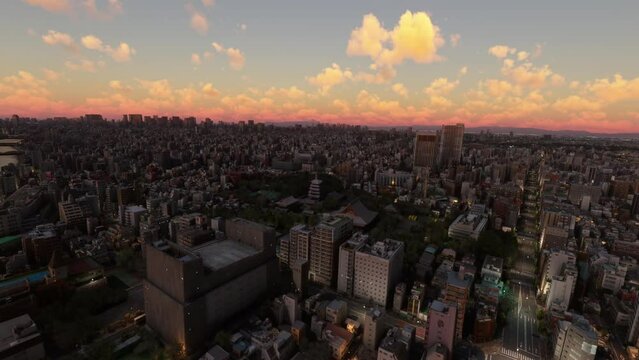 Aerial sunset drone view of Tokyo city in Asakusa. Japan
