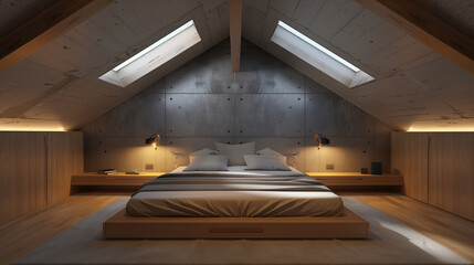 Modern attic bedroom in Scandinavian style
