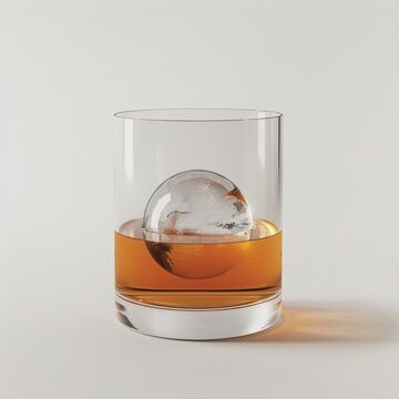 A photorealistic representation of a classic whiskey glass with a single large ice ball floating gracefully in the amber liquid, set against a pure white 
