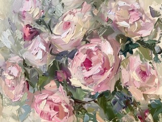painting of pink roses in the style of subtle color palette, soft and airy compositions, impressionist atmospheric