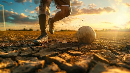 Illustrate the intensity of a players stance as the earth cracks beneath their feet, representing the seismic potential for greatness that lies within them on the soccer field ,HD image - obrazy, fototapety, plakaty