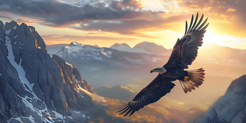 realisticlarge over mountain with A beautiful eagle red-tailed hawk flying naturel scene sunset sunshine   - obrazy, fototapety, plakaty