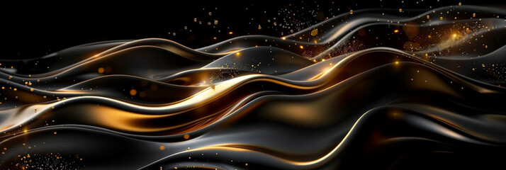 Black background with golden waves, elegant, luxury, metallic, 3d golden wave silk satin background. Abstract luxury swirling black gold background. Gold waves abstract background texture.banner - obrazy, fototapety, plakaty