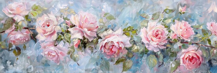 painting of pink roses in the style of subtle color palette, soft and airy compositions, impressionist atmospheric - obrazy, fototapety, plakaty