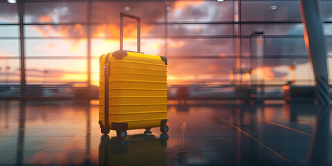 Traveling with luggage waiting commercial airplane Yellow suitcase cloudy sky airport glossy window sunlight background  - obrazy, fototapety, plakaty