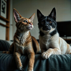 Portrait of pets. Cat and dog sit on sofa