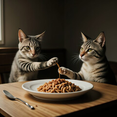 Cat share to plate of spaghetti bolognese. Photo in action