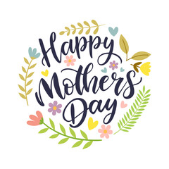Lettering Happy Mother's Day greeting, flowers, leaves, pastel colors, vector spring illustration on a white background.