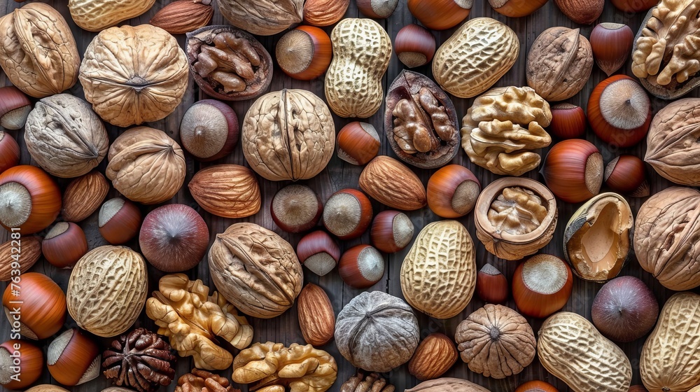 Aufkleber assorted nuts creating a textured organic background with various nut types for a natural display