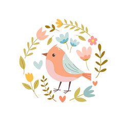 Cute Bird and flowers in circle illustration vector, floral springtime hand drawn prints design for stickers card