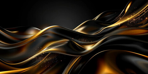 Black background with golden waves, elegant, luxury, metallic, 3d golden wave silk satin background. Abstract luxury swirling black gold background. Gold waves abstract background texture.banner